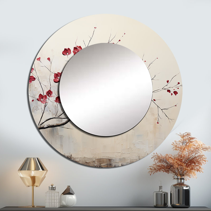 Minimaliste grenat Grace Leafy Dreamscape - grand miroir mural feuilles, miroir rond traditionnel traditionnel, impression d'art en métal