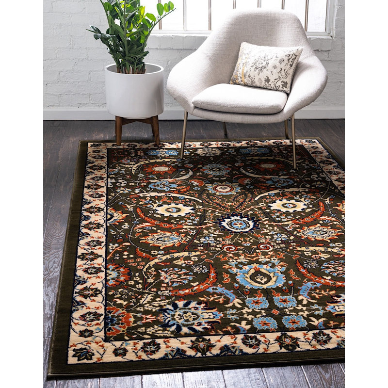 Tapis vert à motif floral Britannia, Rectangle 9 pi x 12 pi 2 po