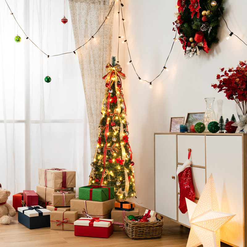 Arbre de Noël artificiel pré-éclairé or rouge 6 pi avec 150 lumières DEL blanc chaud et 8 modes de conception pliable à télécommande pour la décoration intérieure des Fêtes
