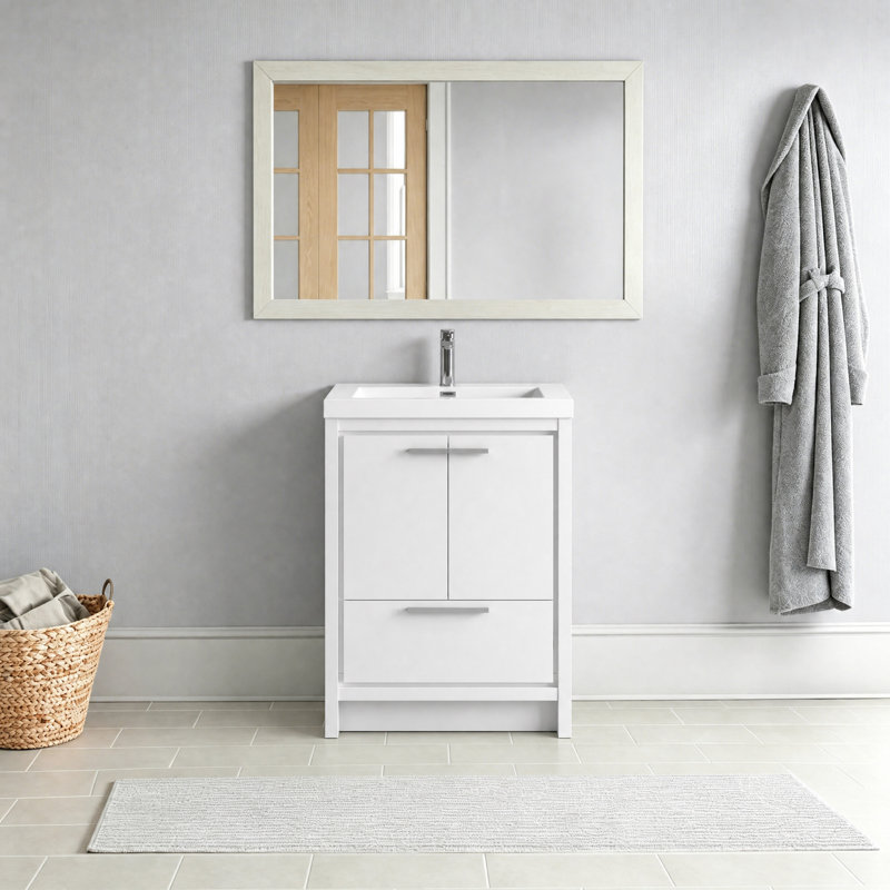  Meuble-lavabo simple de 24 po avec comptoir en résine blanc brillant, HG.White Design moderne pour petite salle de bain, 24"
