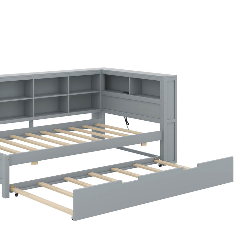 Twin Size Daybed With Trundle, Shelf And USB, Gray