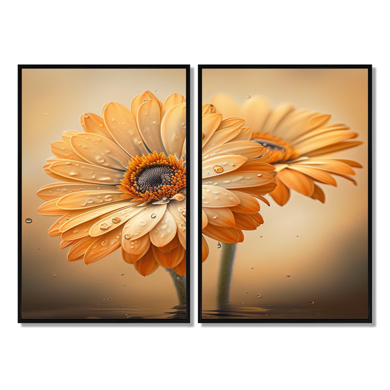 "Orange" et marguerites blanches I - art mural traditionnel bleu 2 pièces, H 36 po x l 48 po, Noir