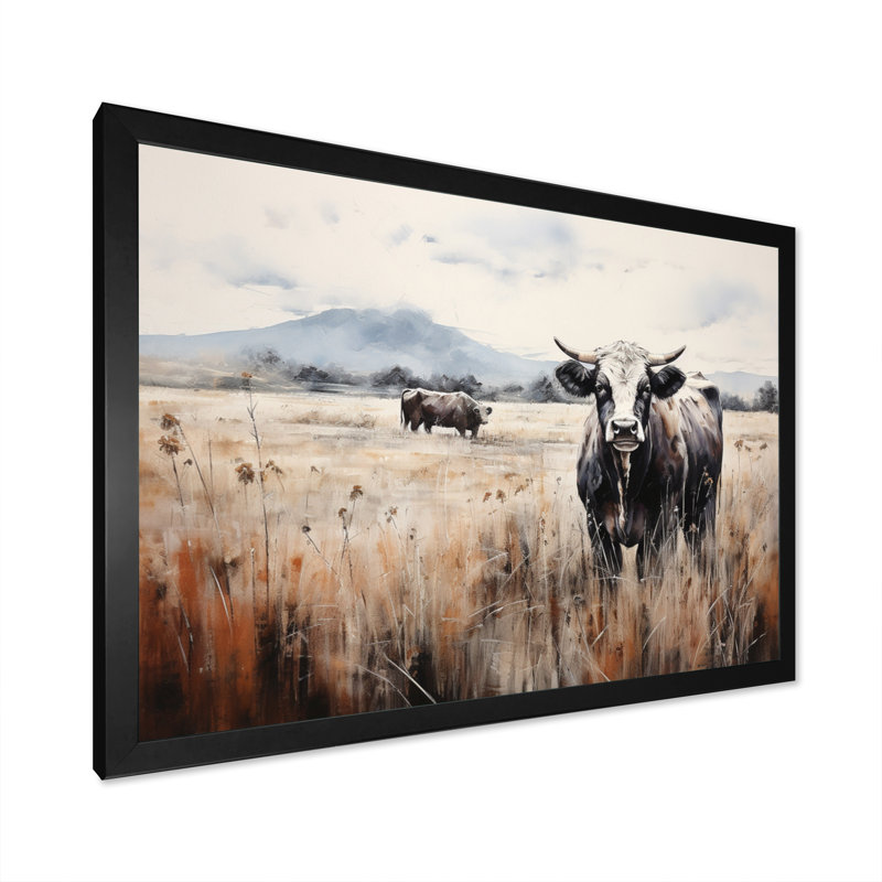Vache, reproduction d'art sur toile, "Vache dans la prairie", Cadre simple noir, H 24 po x l 32 po x P 1 po
