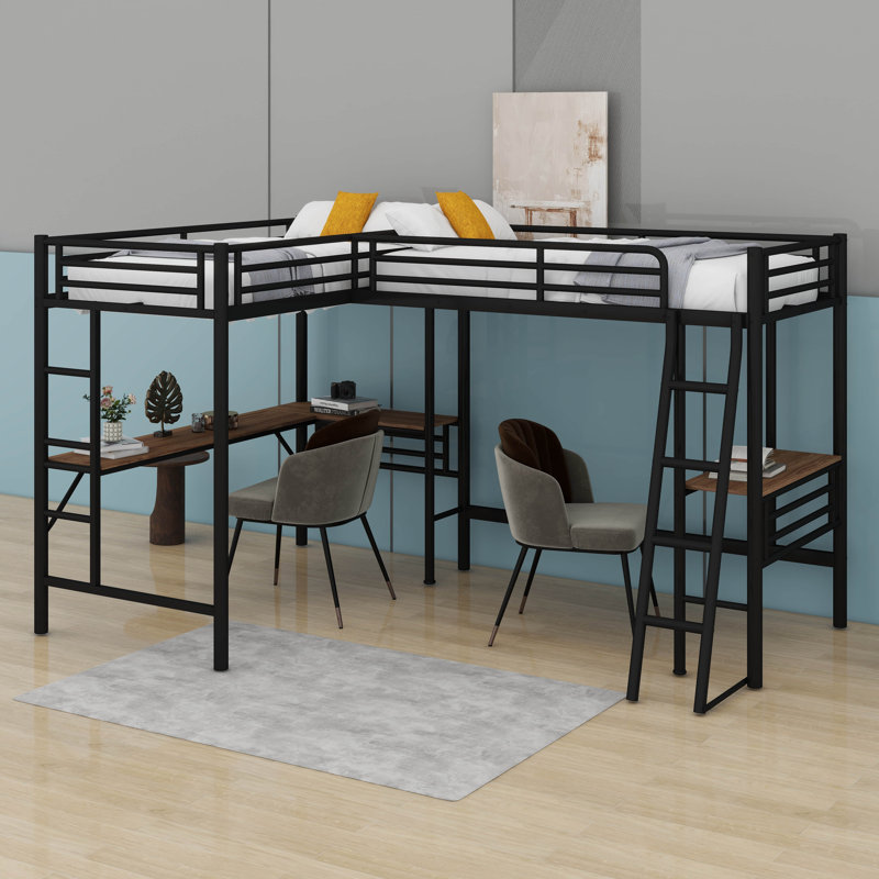 Lit mezzanine simple en métal avec 2 bureaux intégrés
