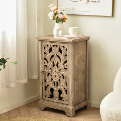 Table de bout en bois sculpté 30,5 "de haut avec porte de rangement pour salon, finition naturelle