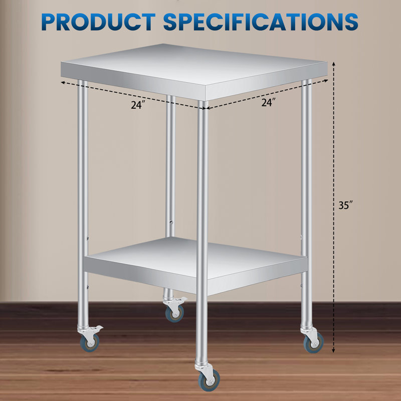 Stainless Steel Prep Table with Undershelf – Double-Layer Outdoor Side Table with Locking Casters, Heavy Duty, Easy-Clean – 24" x 24" x 35" for Patio, Garden, Kitchen