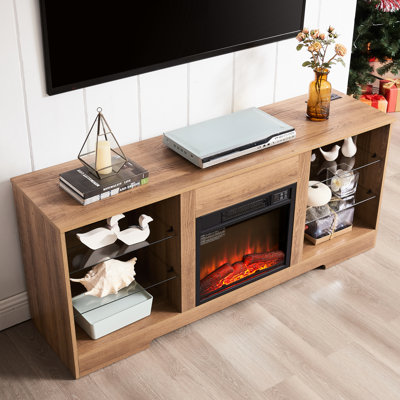 Foyer sur meuble télé 21 Design, effet de flamme 3D, charge, armoire de 62 po, foyer électrique en chêne de 58 po de largeur: console pour téléviseur, flamme, lumières DEL, ports, passe-câbles