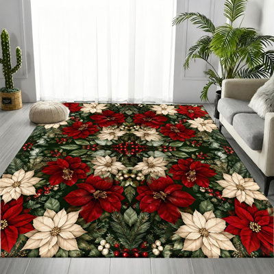 Tapis de Noël à motif floral poinsettia, motif festif rouge et blanc, tapis antidérapant lavable à la machine, décoration intérieure saisonnière vibrante pour le salon, la chambre à coucher
