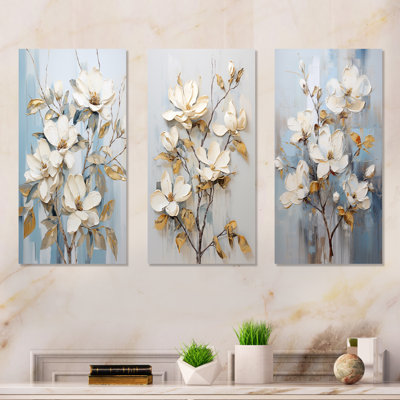 White And Gold Magnolias Flowers Harmony - Magnolias Metal Wall Art Set Of 3