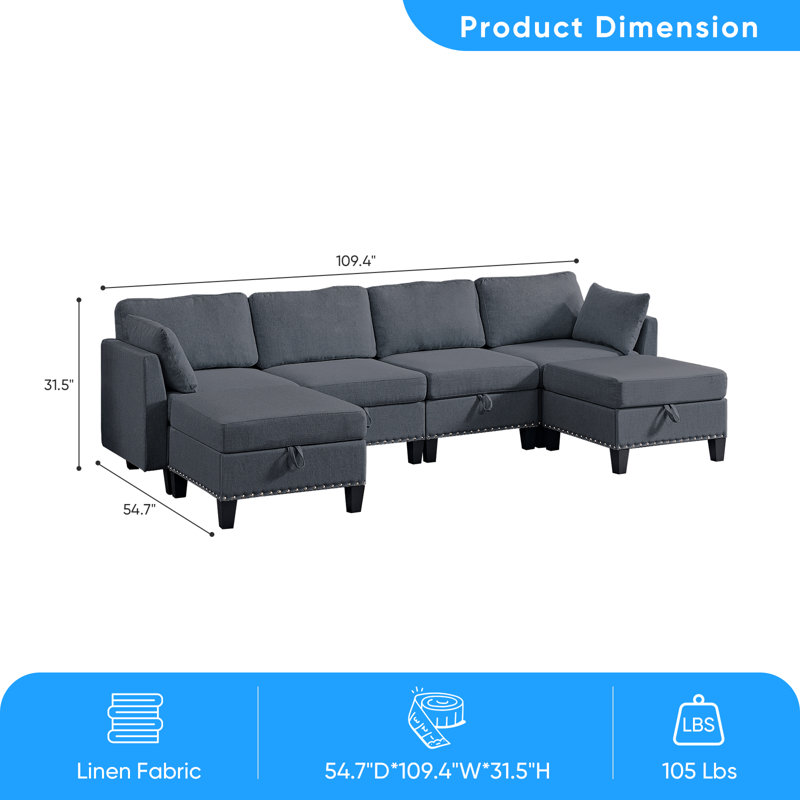 Canapé modulaire en lin 109 po avec repose-pieds et rivets, Gris
