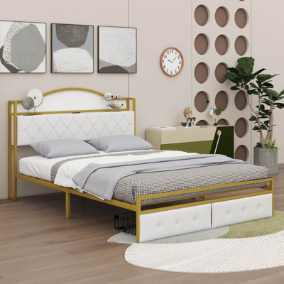 Jaydrien Queen Size Metal Platform Bed With 2 drawers, Storage Headboard -  Everly Quinn, 3DFF61700C024CF1A4FD626C321B5026