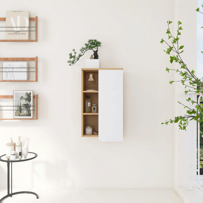 16 Inch Wall-Mounted Bathroom Side Cabinet with Single Door and Open Shelves, Dual-Color Door Panels