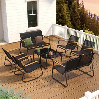 8-Person Cooling PVC-coated polyester Outdoor Patio Seating Group With Loveseat, Rocking Chairs & Solid Wood Armrests