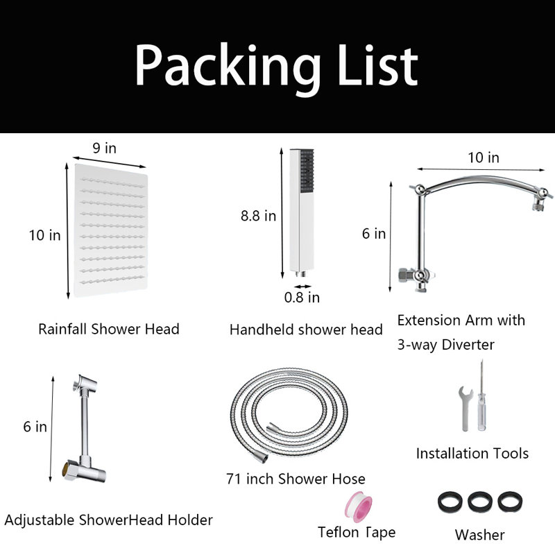 10'' Rainfall Shower Head, Dual Shower Head Combo, Adjustable Extension Arm, 71'' Hose, Chrome
