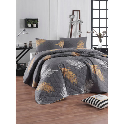 Premium 100% Cotton Ranforce Double Bedspread Set, Gold & Grey | Bedspread 88.6 x 94.5 inches, 320 GSM, 142 Thread Count | Includes 2 Pillowcases 19.7 x 27.6 inches | Machine Washable, Elegant Design for Stylish Bedrooms