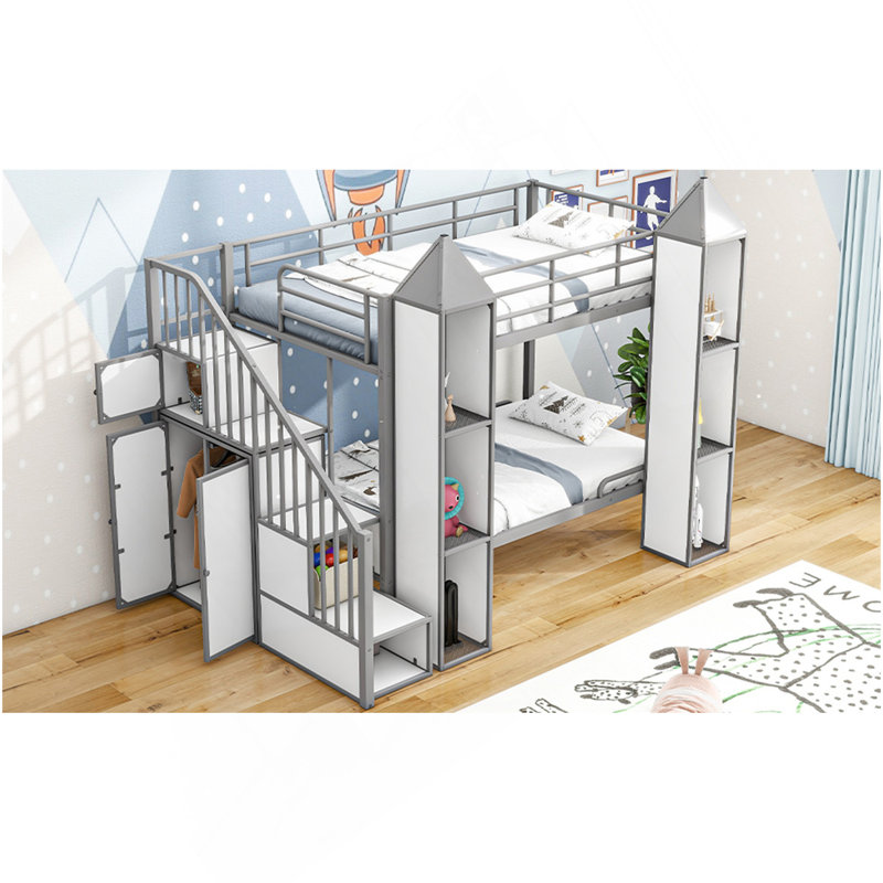 Lit superposé simple en métal en forme de château avec garde-robe et multiples rangements, gris et blanc, Blanc / Gris