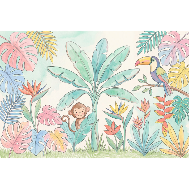 Papier peint tropical avec aquarelle pastel, 160"x108", Peel and Stick