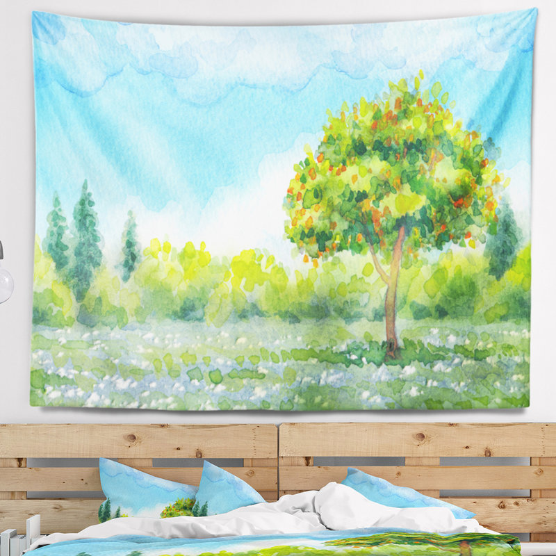 Peinture paysage arbre dans la tapisserie de printemps, H 50 po x l 60 po