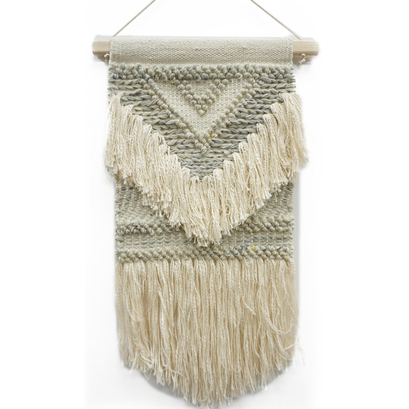 Grande suspension murale en laine et coton avec tige incluse, Gris/Ivoire, H 48 po x l 24 po