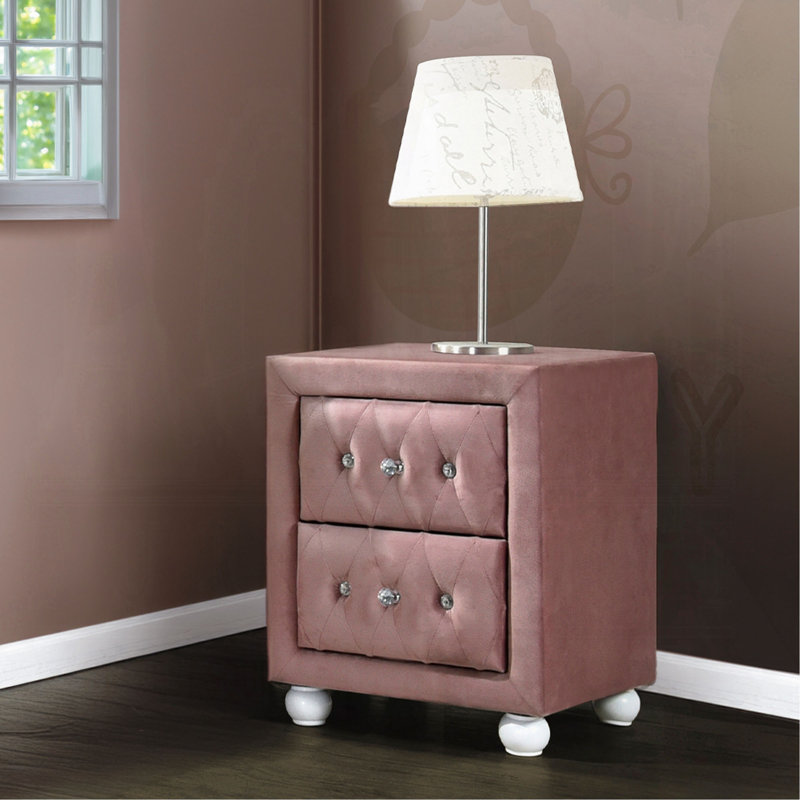 Magnifique table de chevet rembourrée en tissu rose avec deux tiroirs de rangement, Rose