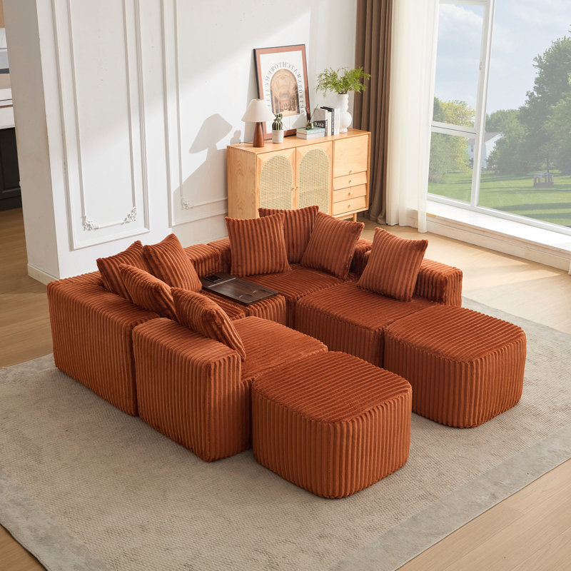 Nouveau canapé en forme de U avec chargement USB et sans fil, table basse et repose-pieds mobile, sans assemblage, 6 sièges, velours côtelé, orange