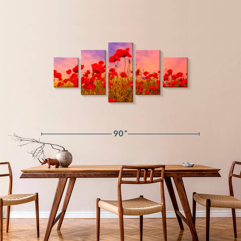 Champ idyllique de coquelicots au coucher du soleil, H 34 po x l 74 po