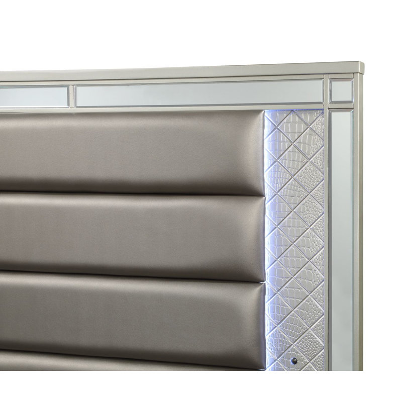 Eranda Champagne LED Upholstered Panel Bedroom Set Special 3 Piece: Bed, 2 Nightstands, Queen