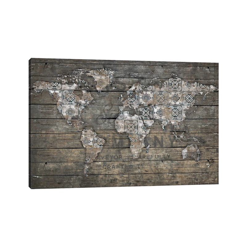 «World Map Rustic Pattern» par Diego Tirigall - peinture sur toile tendue, H 12 po x l 18 po x 1,5 po