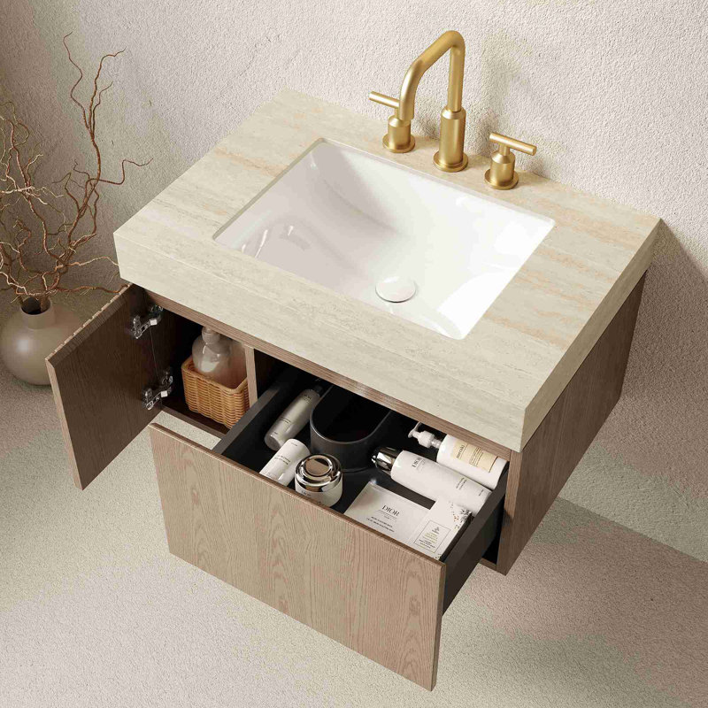 Meuble-lavabo flottant moderne avec plateau en pierre frittée, Marron clair, 30", Beige