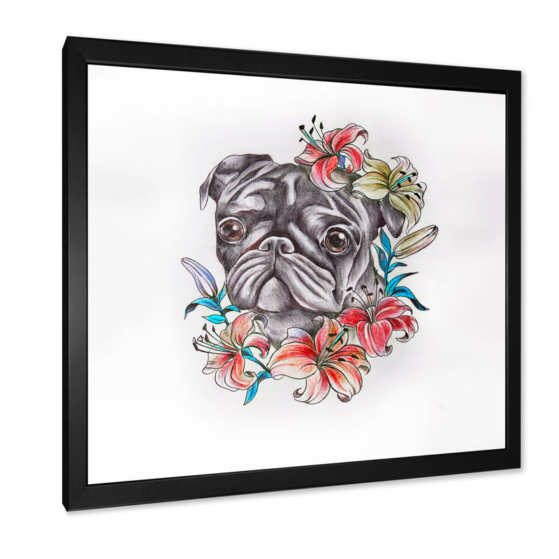 «Cute Botanical Pug S Croquis», reproduction d'art sur toile, Cadre noir, H 16 po x l 16 po x P 1 po