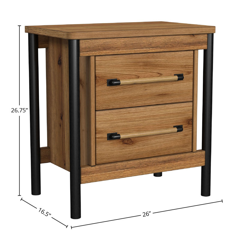 Mahoney 2-Drawer Rubberwood Nightstand, Hickory