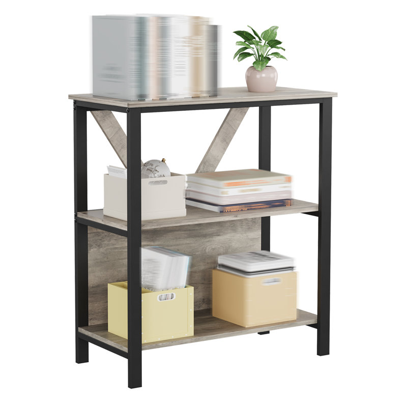 3 Tier Book Shelf with LED Lights, Grey Industrial Metal Display Book Case, Open Book Shelf Organizer, Tall Bookshelf, Heavy Duty Storage Bookcase for Bedroom Office Living Room