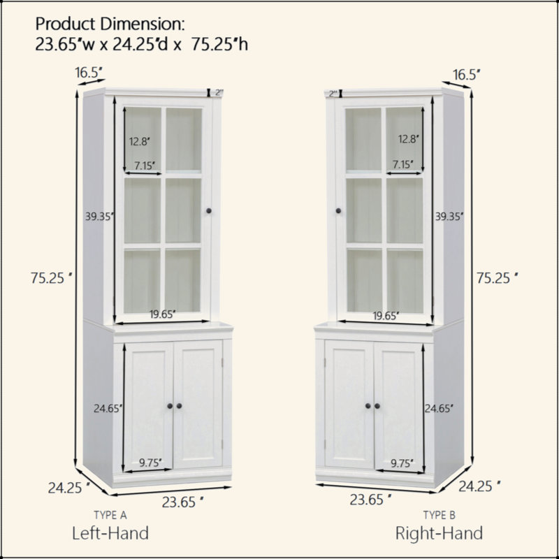 75.25'' Tall Display Cabinet With Single Tempered Glass Door, China Cabinet Hutch Cabinet With Double-Action LH & RH Door For Living Room, Kitchen, Home, Studio Or Workspace