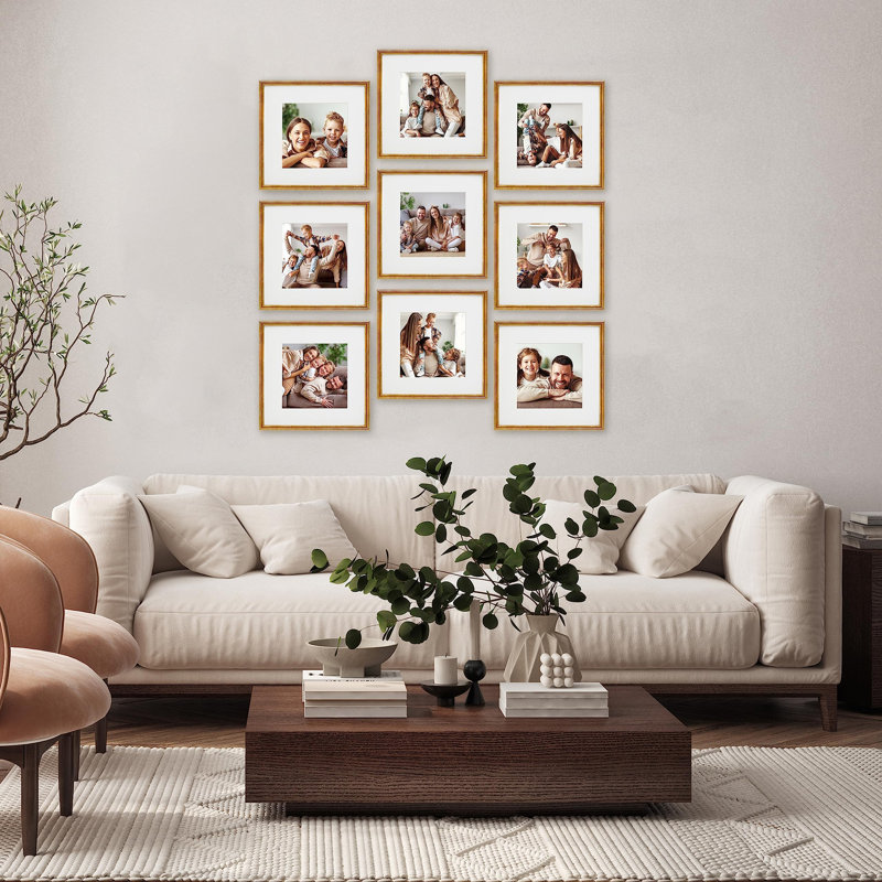 9 Piece Gallery Wall Frame Set, 12x12 Inch, Matted to 8x8, Real Glass, Wall Mounting Included, Bronze