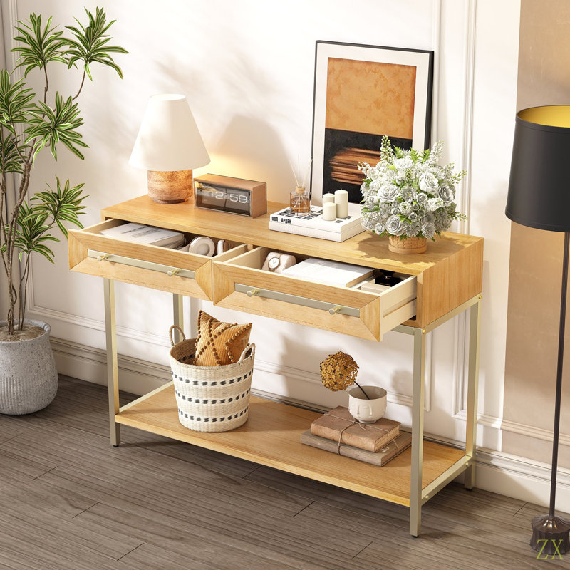 Entryway Table, Console Table With Two Drawers, Retro Hallway Table With Striking Geometric Design For Entryway And Living Room