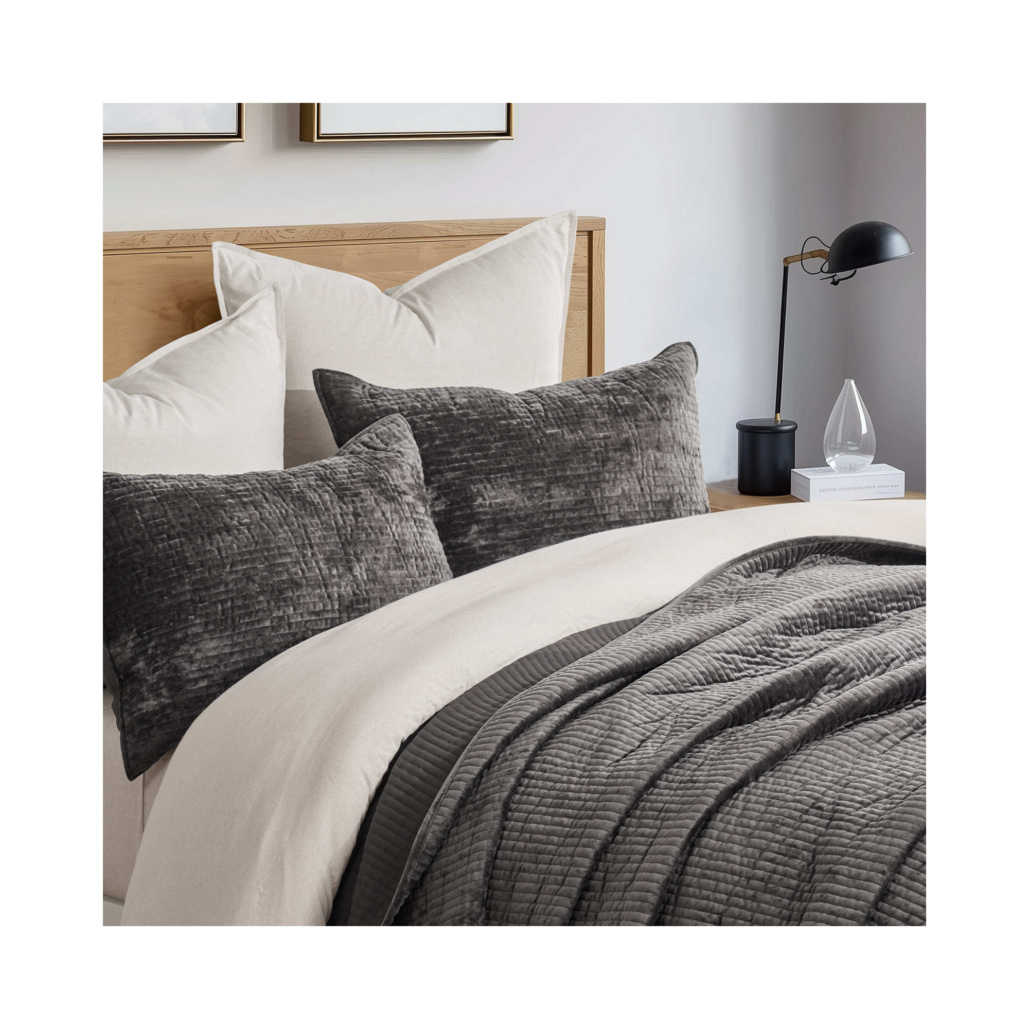 Striped Channel Velvet Quilt Set, Queen, Washed Black