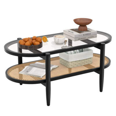2-Tier Coffee Table With Tempered Glass Tabletop And Acacia Wood Frame