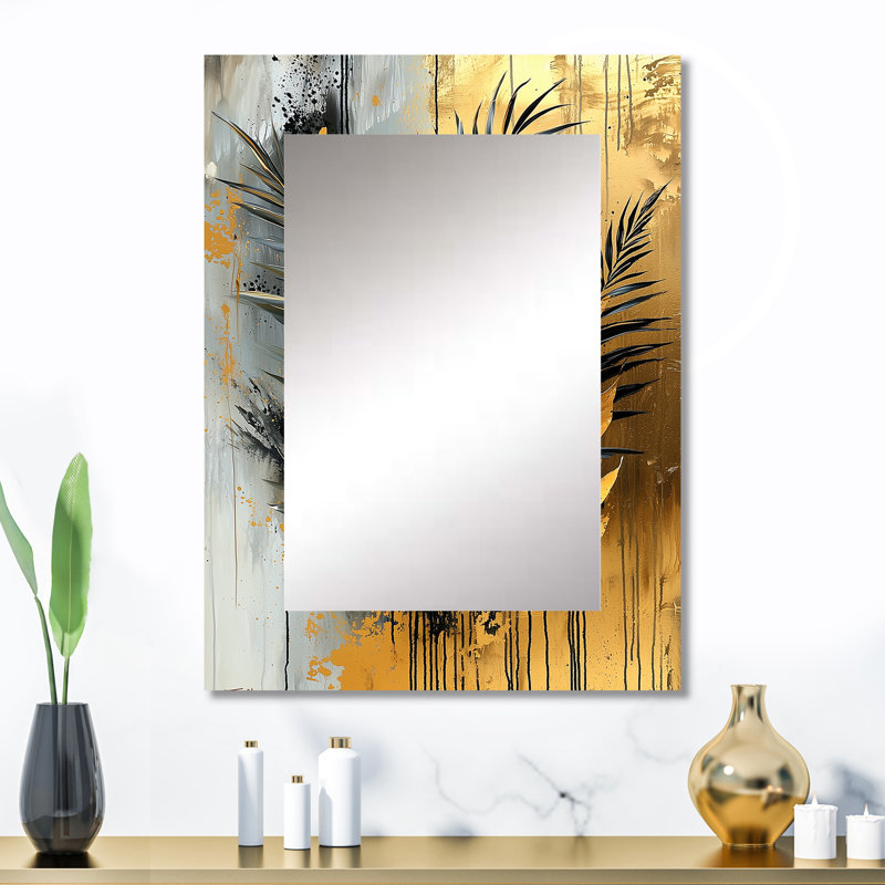 Minimalism Ferns Golden Tropical Symphony III - Ferns Large Mirror, Modern Decorative Wall Mirror, Printed Metal Art