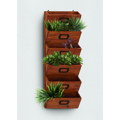 Jamari Wood 6 Slots Brown Decorative Magazine Rack Holder with Suspended Baskets and Label Slot