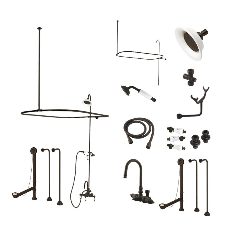 Kingston Brass Vintage Three-Handle 2-Hole Tub Wall Mount Clawfoot Tub Faucet Package with Shower Enclosure and Hand Shower