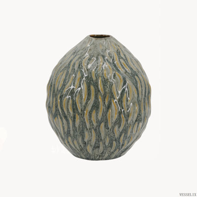 8.5x9.8 Inch Marbled Ceramic Vase, Amber and Charcoal Gray Decorative Teardrop Urn