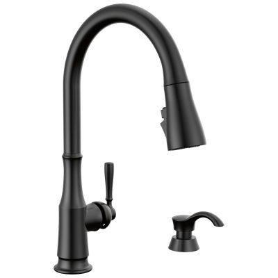 Delta Capertee Matte Black Kitchen Faucet with Pull Down Sprayer and Soap Dispenser, Modern Single Hole Kitchen Sink Faucet, Single Handle, Matte Black