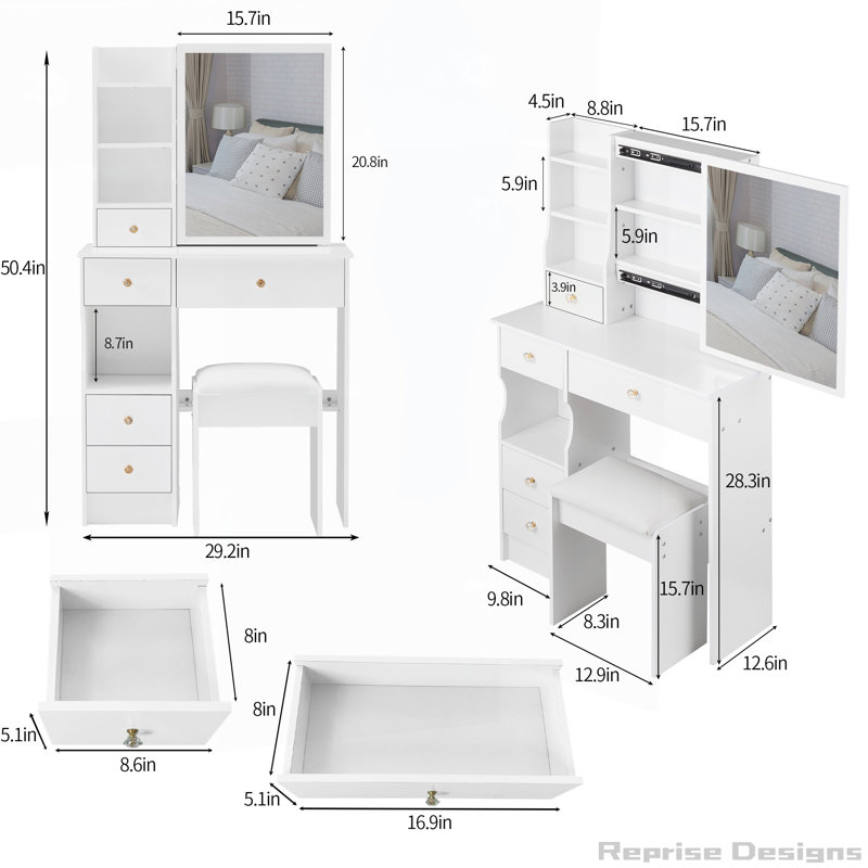 29.2" Small Size Left Drawer Desktop Vanity Table and Cushioned Stool, White