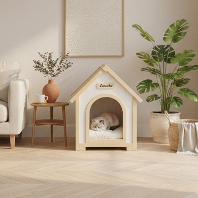 FSC Solid Cedar Pet House – Cream Yellow Cabin Style Indoor Shelter For Small Dogs & Cats