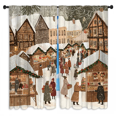 Winter Market Scene Window Curtains Christmas Sheer & Room Darkening - 2 Panels