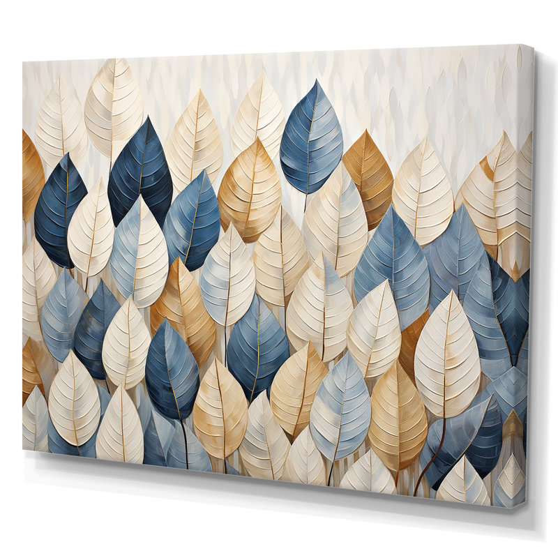 «Beige and Blue Minimalisme Leaves Collage I», art mural pour salon, H 30 po x l 40 po x P 1,5 po, Toile tendue