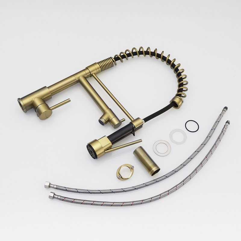 Robinet de cuisine rétractable, acier inoxydable, poignée simple, or brossé, attrait moderne