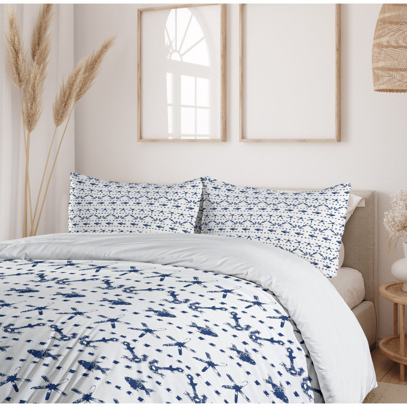 Twin Blue and White Nautical Print Duvet Cover Set