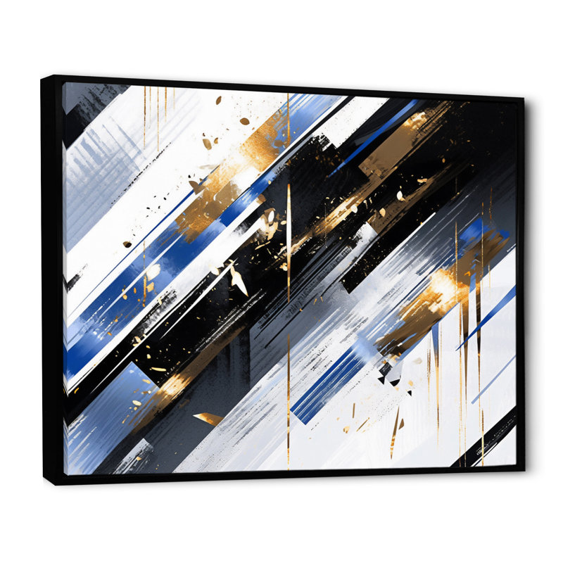 Abstrait symétrique bleu et or - impression, Cadre flottant noir, H 30 po x l 40 po x P 1,5 po