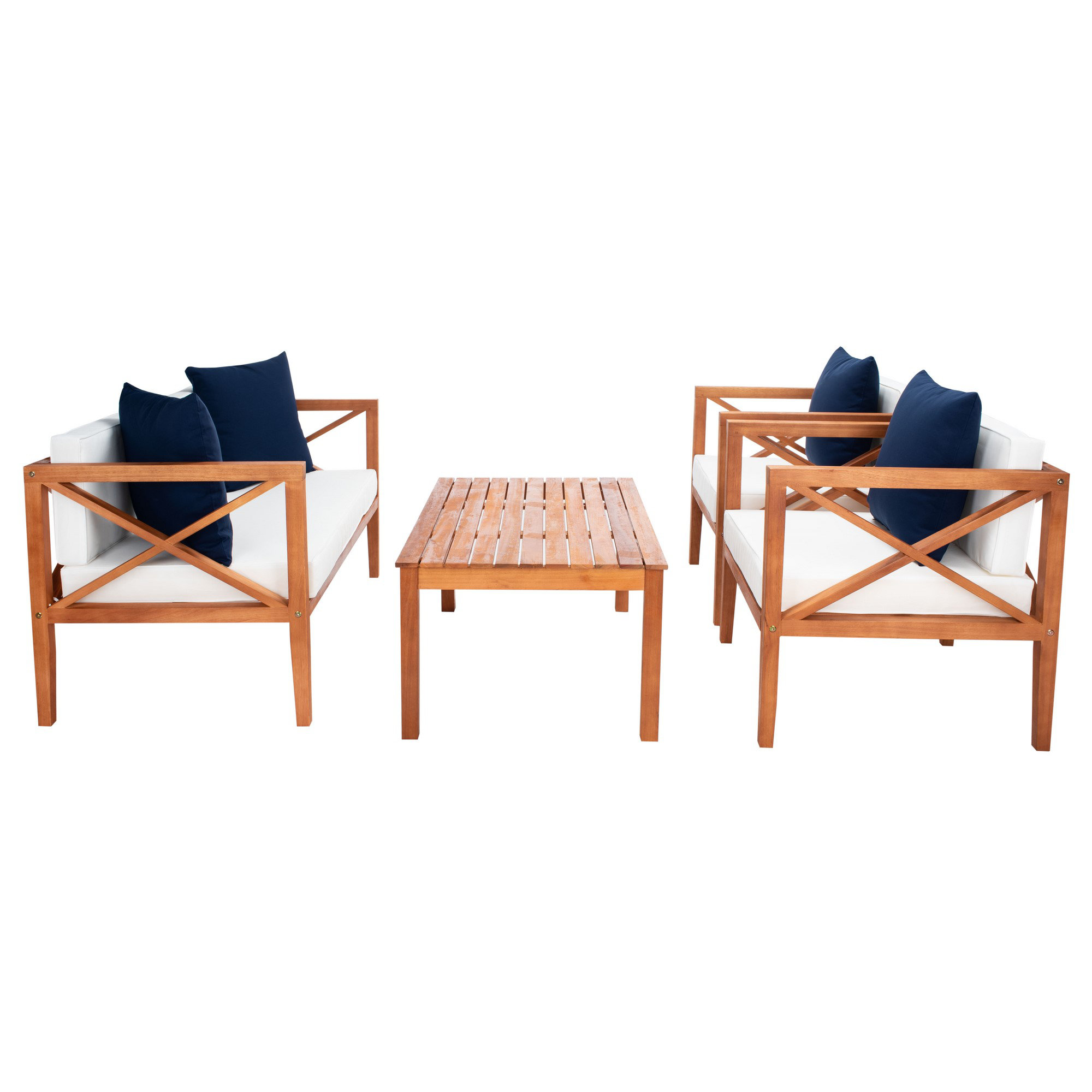 Mondovi Eucalyptus 4 - Person Patio Conversation Set with Cushions, Natural Frame/Beige Cushion, Navy